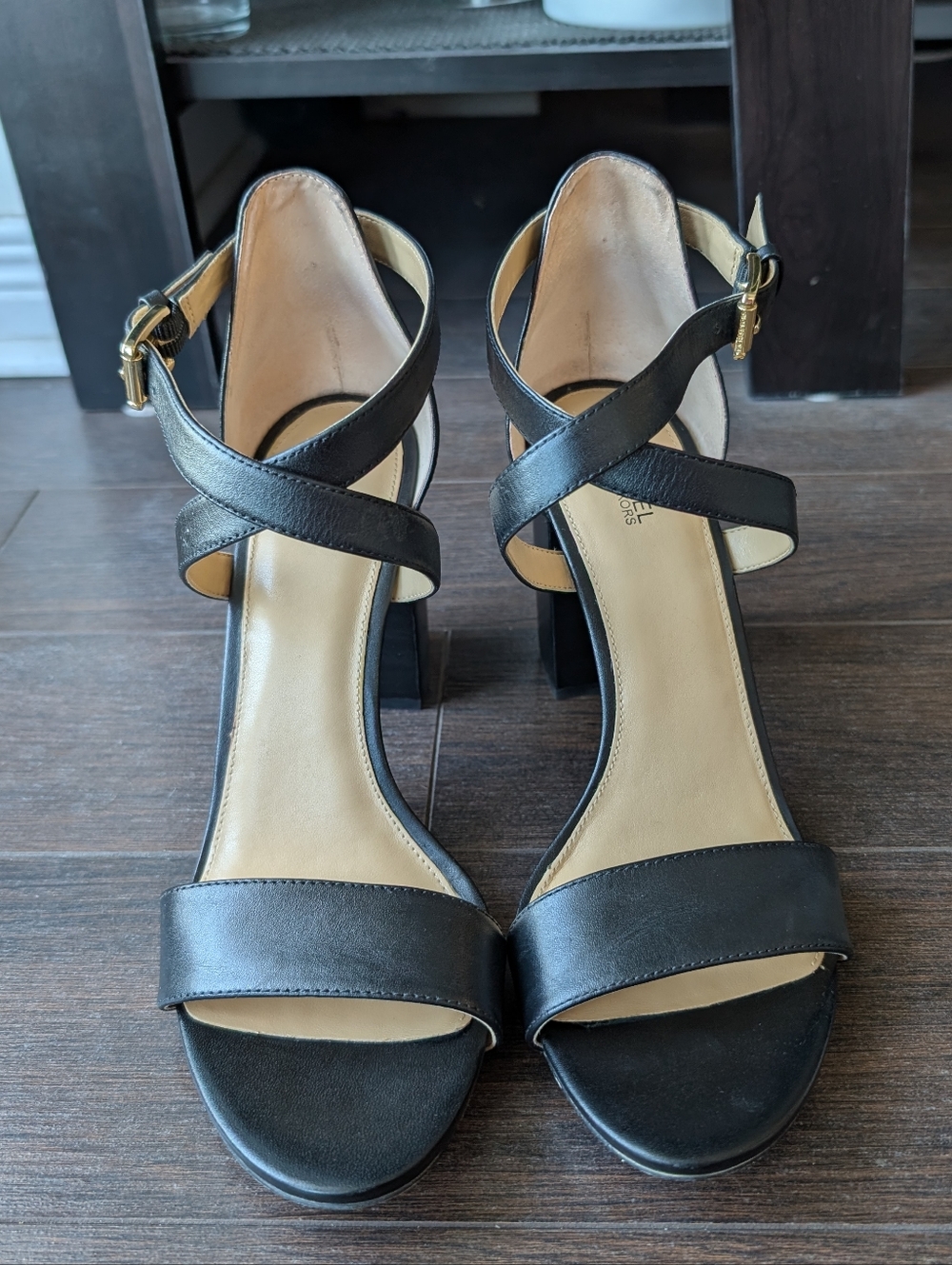 Michael Kors Nadja Cross Strap Heels In Black W/ Gold Hardware